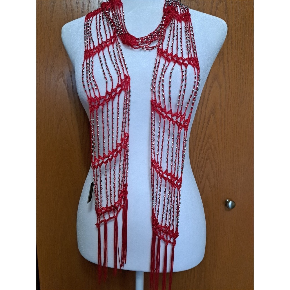 New Sparkle By Mirabeau Red Beaded Scarf  Crochet Weave With Texture Rhinestone